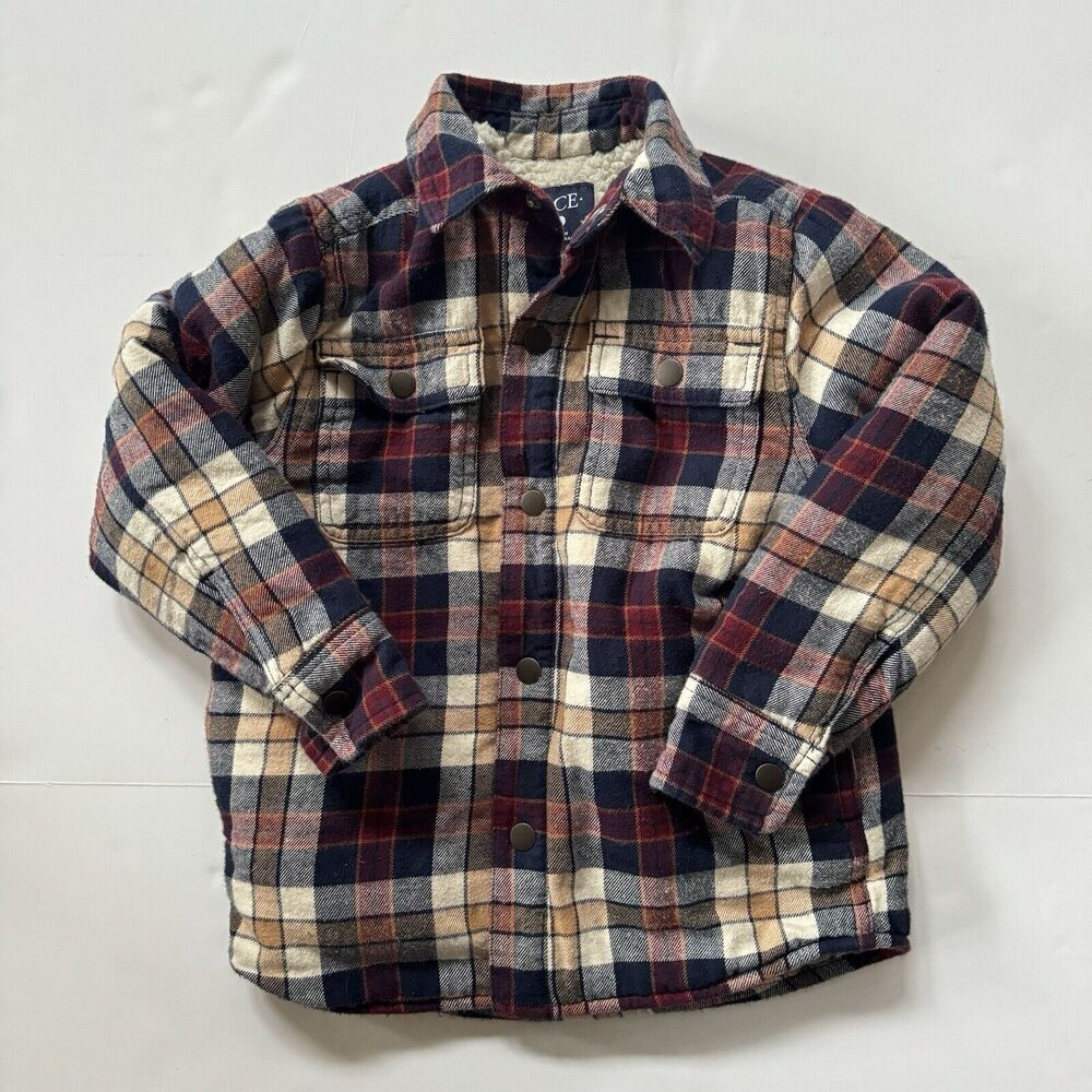 Children’s Place Boys Plaid Sherpa Lined Jacket Shacket Long Sleeve XS/TP 4